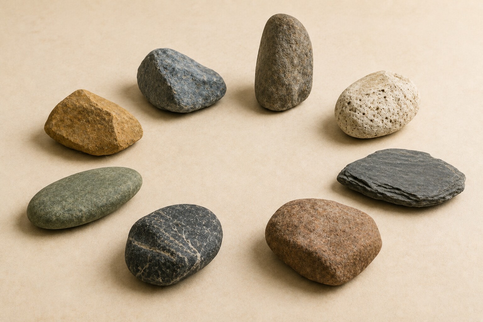 Eight distinctive natural stones photographed from a low angle and arranged in a circle, representing the members of a group