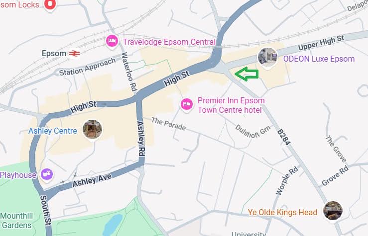 Google Maps image showing the Epsom consulting-room area near the station and High Street